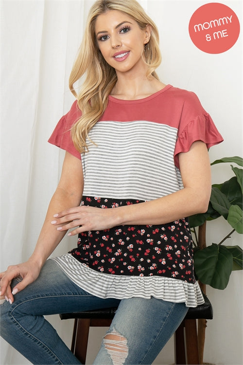 Ruffled Sleeved Floral Stripe