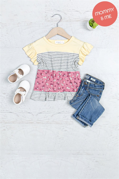 Kids Ruffled Sleeved Floral Stripe