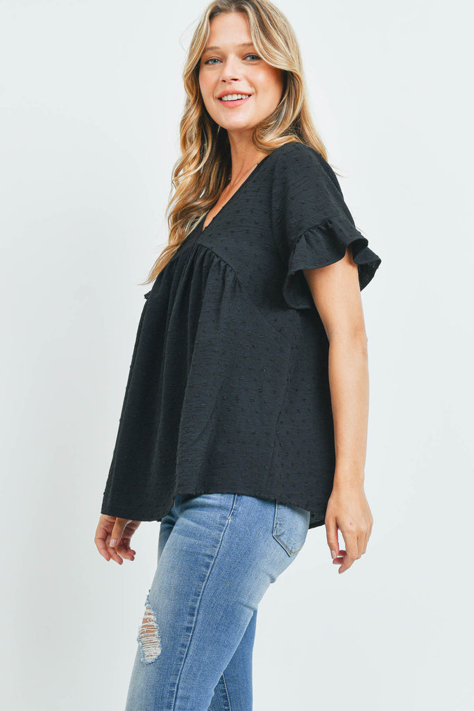V-Neck Ruffle Sleeves Swiss Dot Top