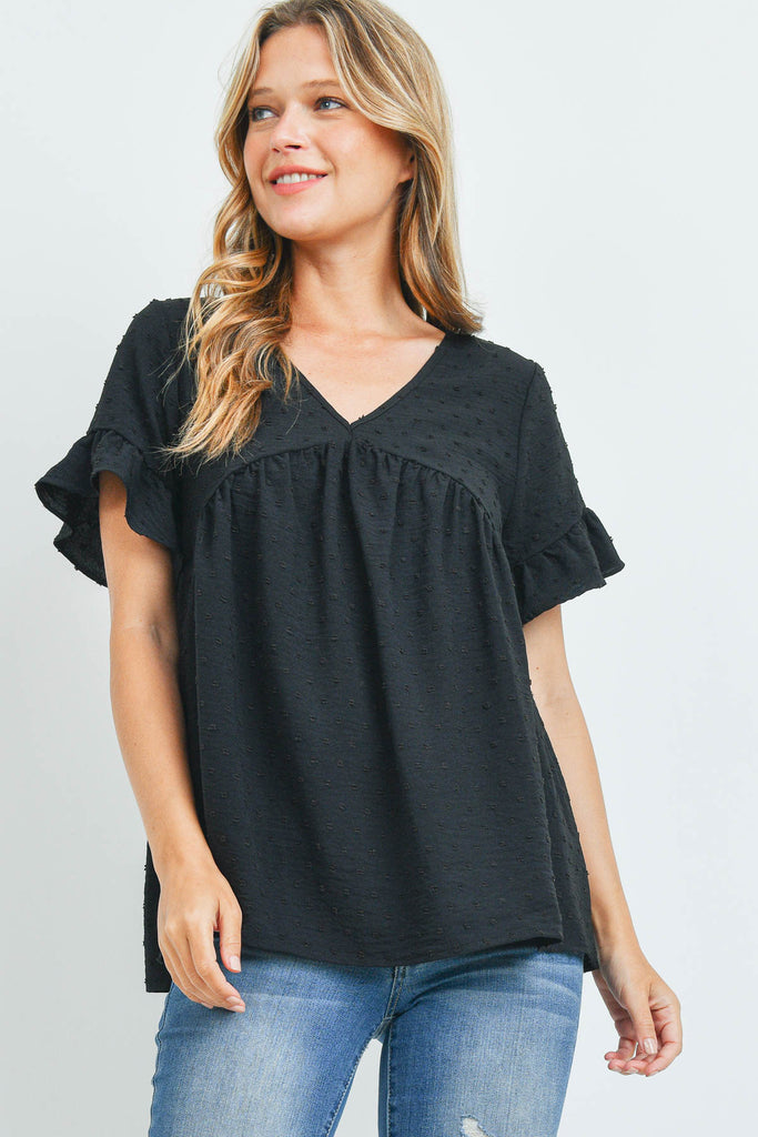 V-Neck Ruffle Sleeves Swiss Dot Top