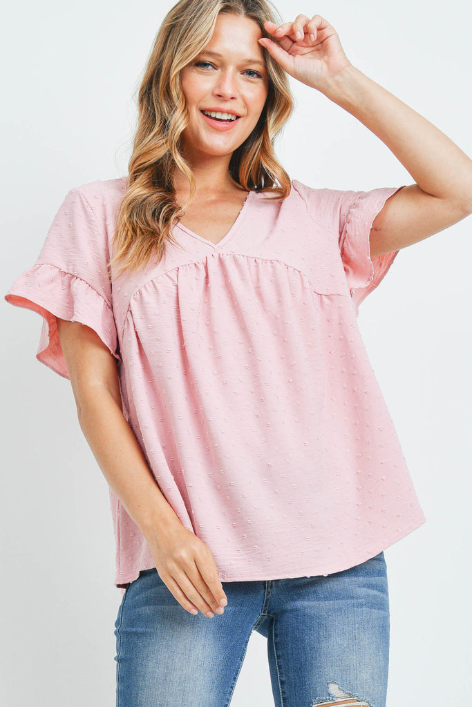 V-Neck Ruffle Sleeves Swiss Dot Top