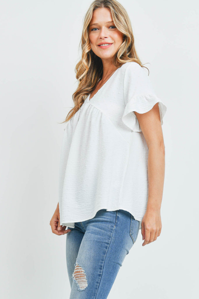 V-Neck Ruffle Sleeves Swiss Dot Top