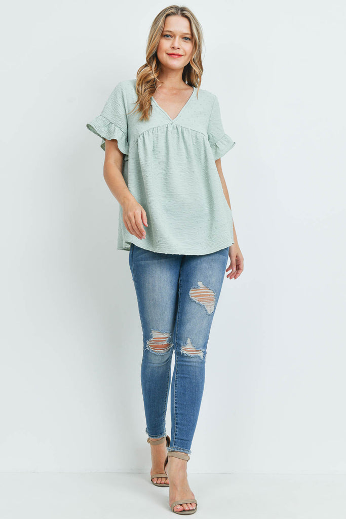 V-Neck Ruffle Sleeves Swiss Dot Top