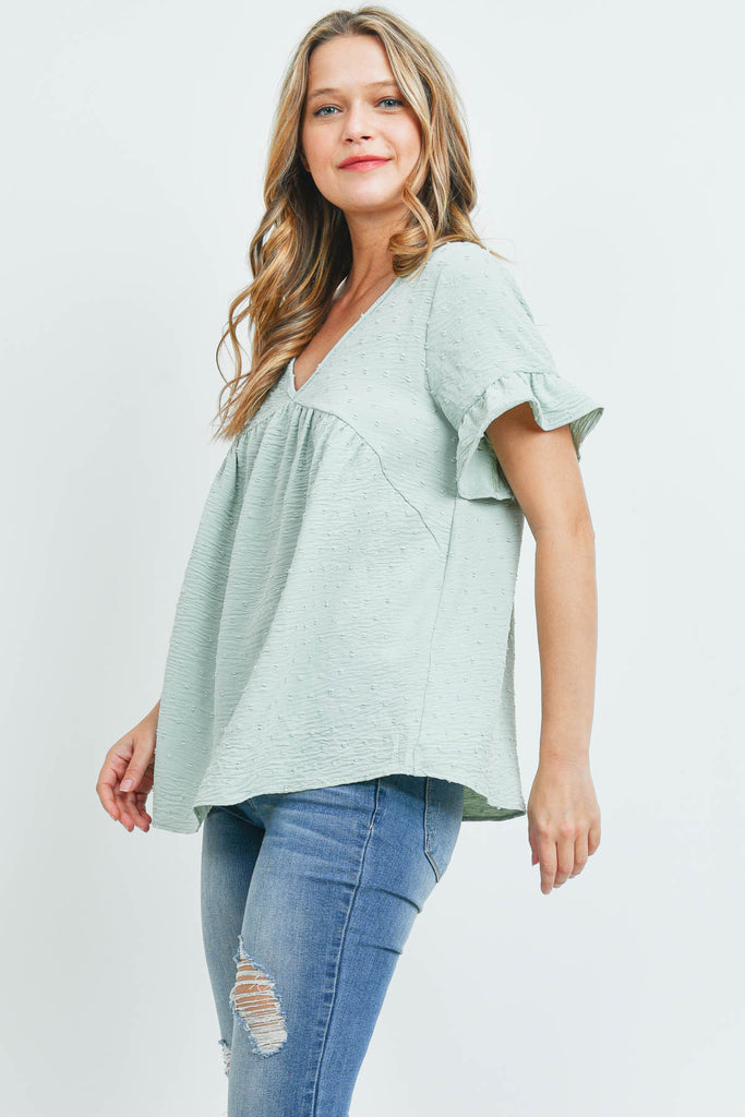 V-Neck Ruffle Sleeves Swiss Dot Top