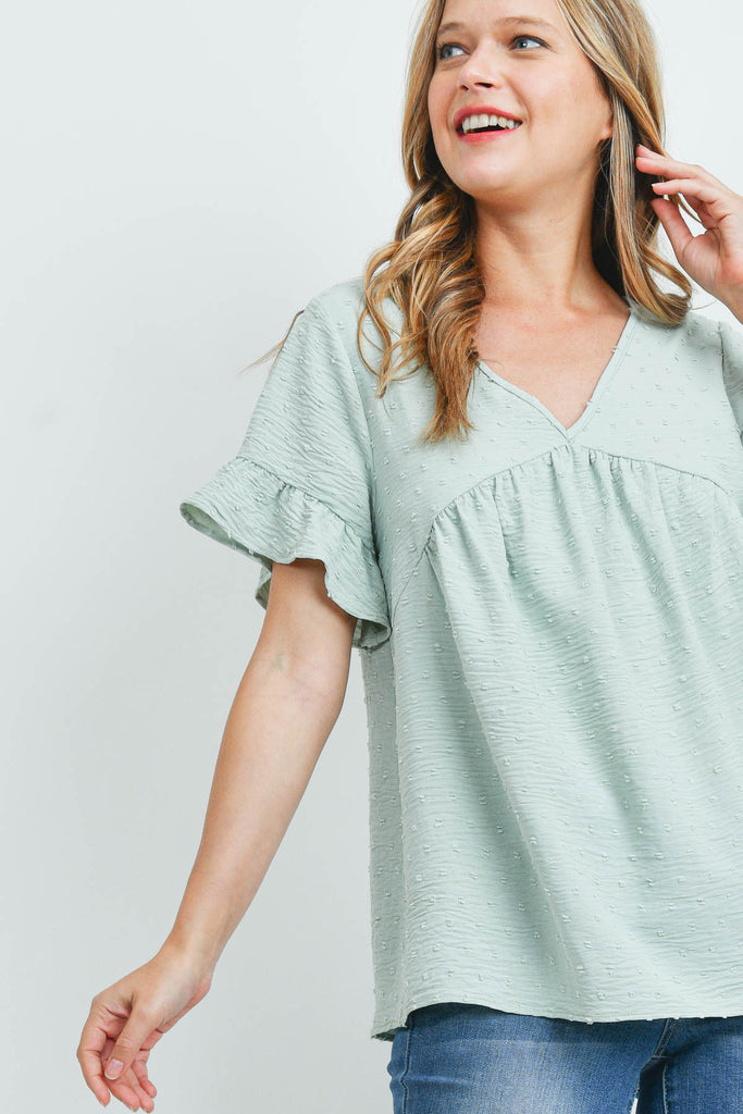 V-Neck Ruffle Sleeves Swiss Dot Top