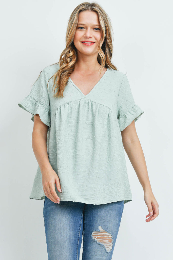 V-Neck Ruffle Sleeves Swiss Dot Top