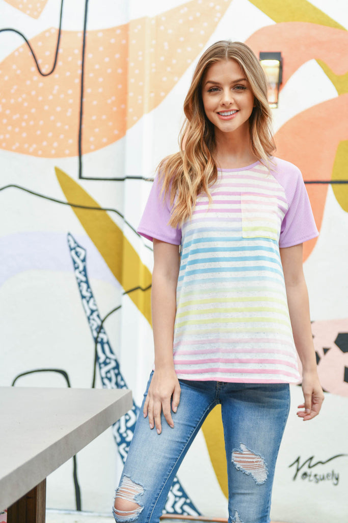 Rib Raglan Sleeve Ombre Stripes Pocket Top