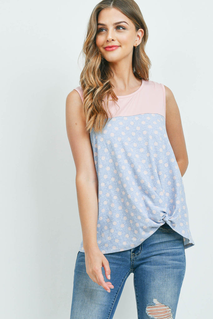 Polka Dot Front Knot Sleeveless Top - Riah Fashion