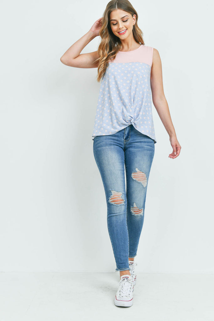 Polka Dot Front Knot Sleeveless Top - Riah Fashion
