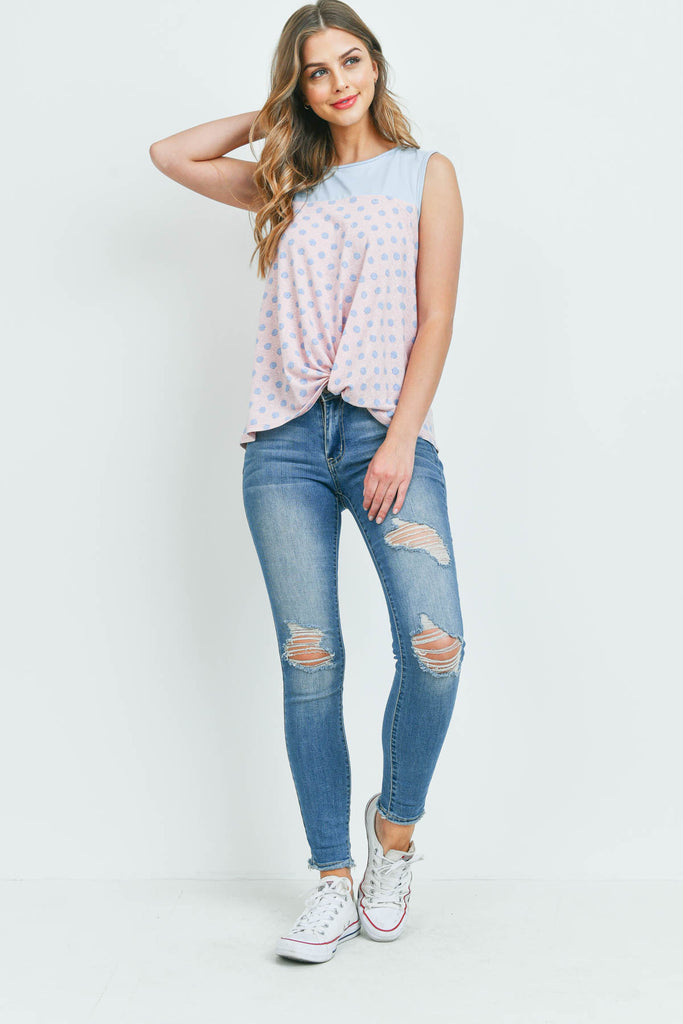Polka Dot Front Knot Sleeveless Top - Riah Fashion