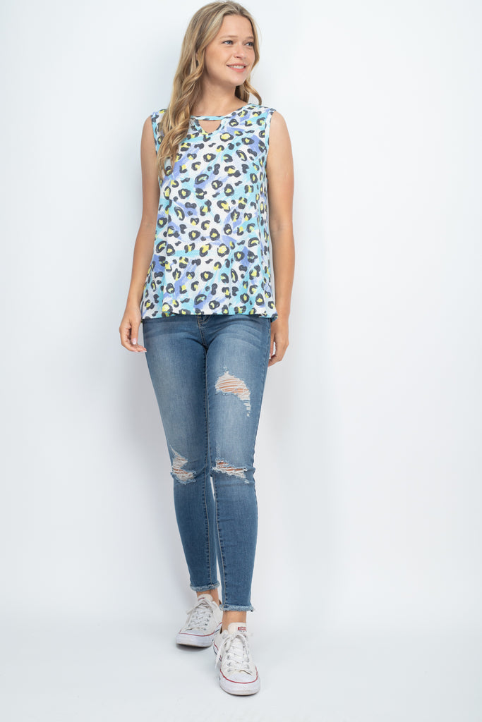 Thermal Tie Dye Leopard Keyhole Tank Top