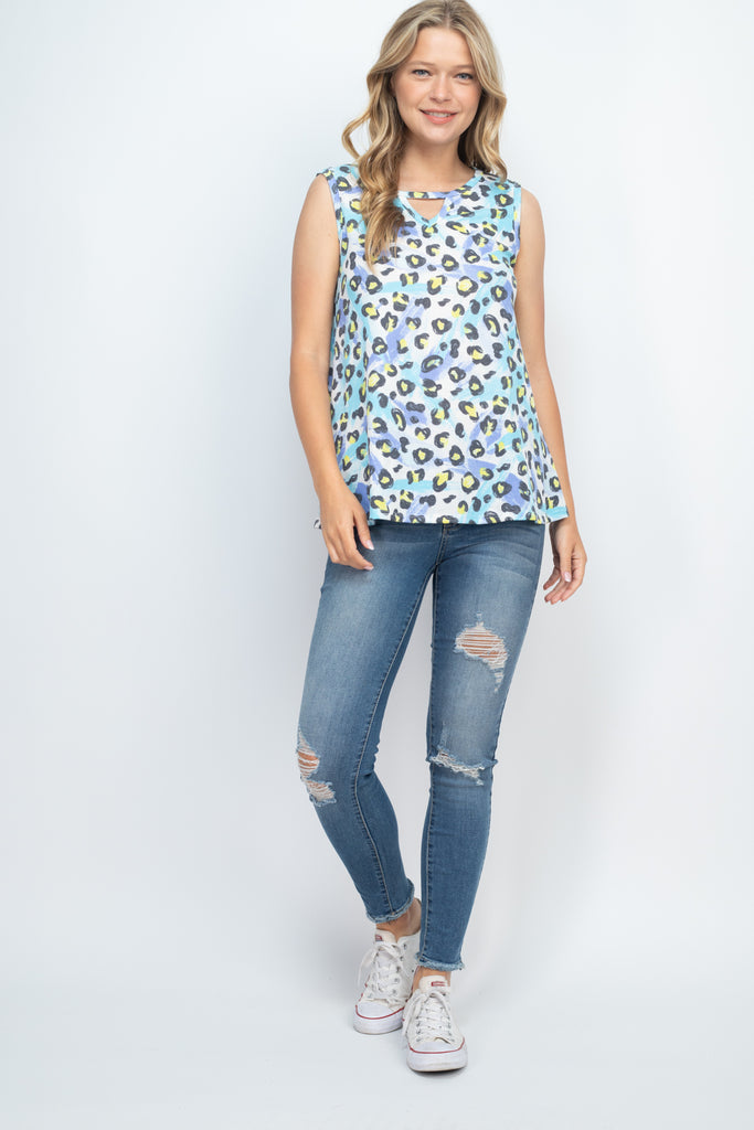Thermal Tie Dye Leopard Keyhole Tank Top