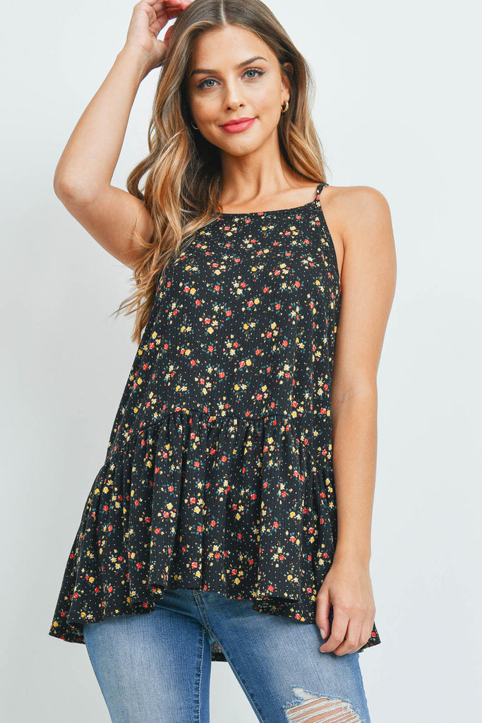 Rib Floral Print Cinch Waist Spaghetti Strap Top