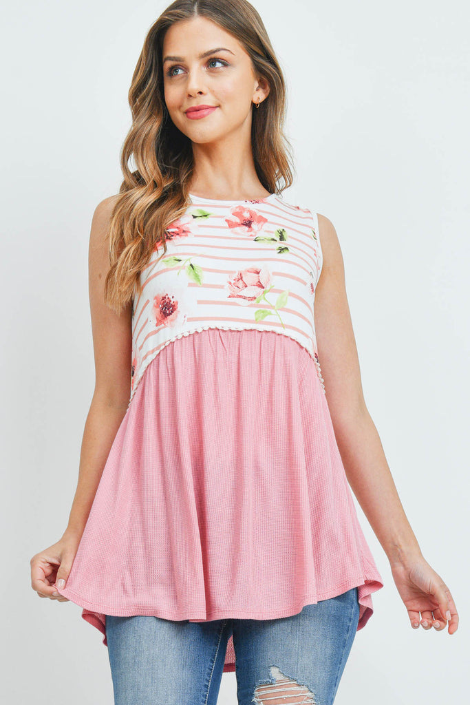 Floral Stripes Contrast Pompom Detail Top