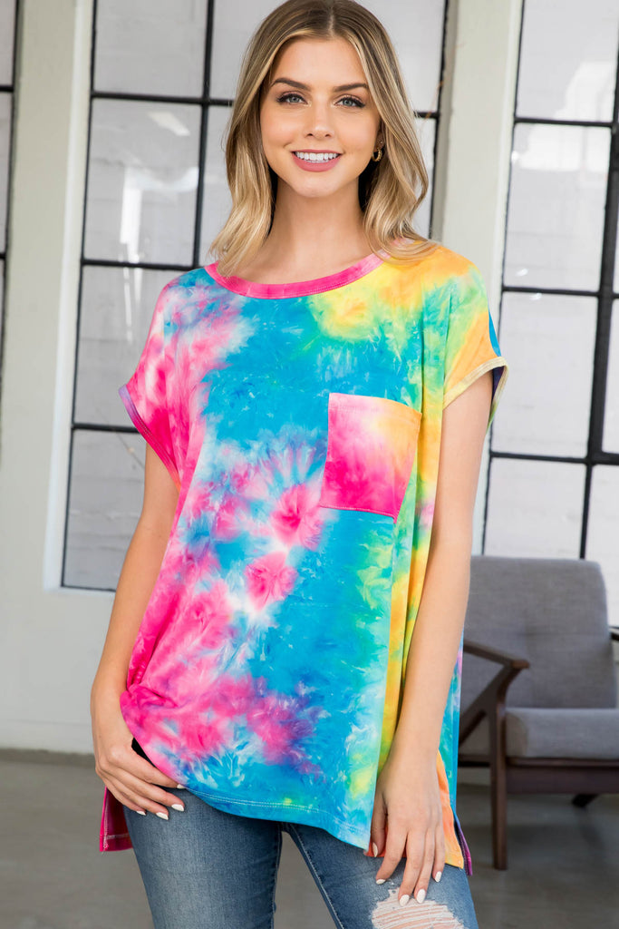 Round Neck Tie Dye Loose Pocket Top