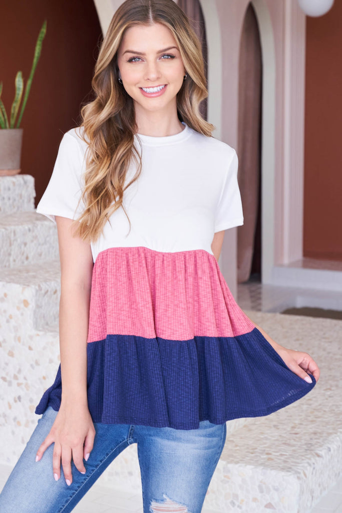 Rib Contrast Short Sleeve Swing Top
