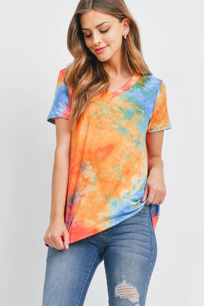 V-Neck Short Sleeve Tie Dye Top