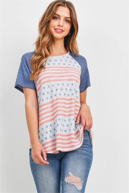 Rib Raglan Sleeve American Flag Round Hem Top