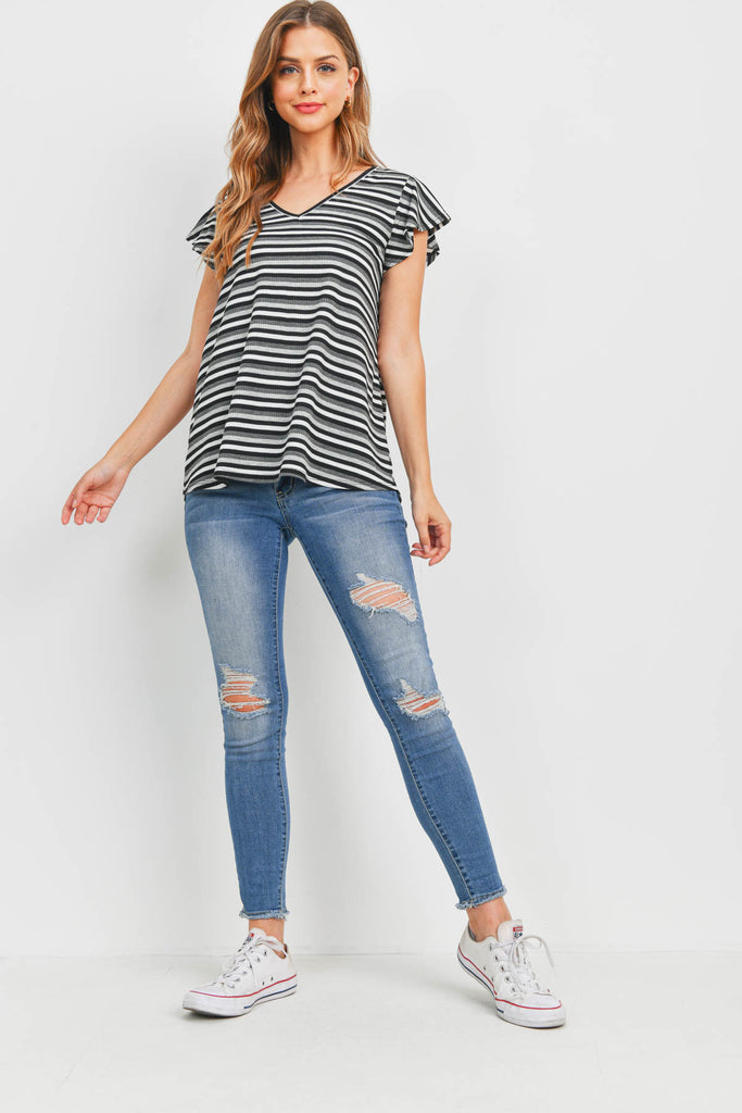 Multi-Color Stripe Flutter Sleeve Top