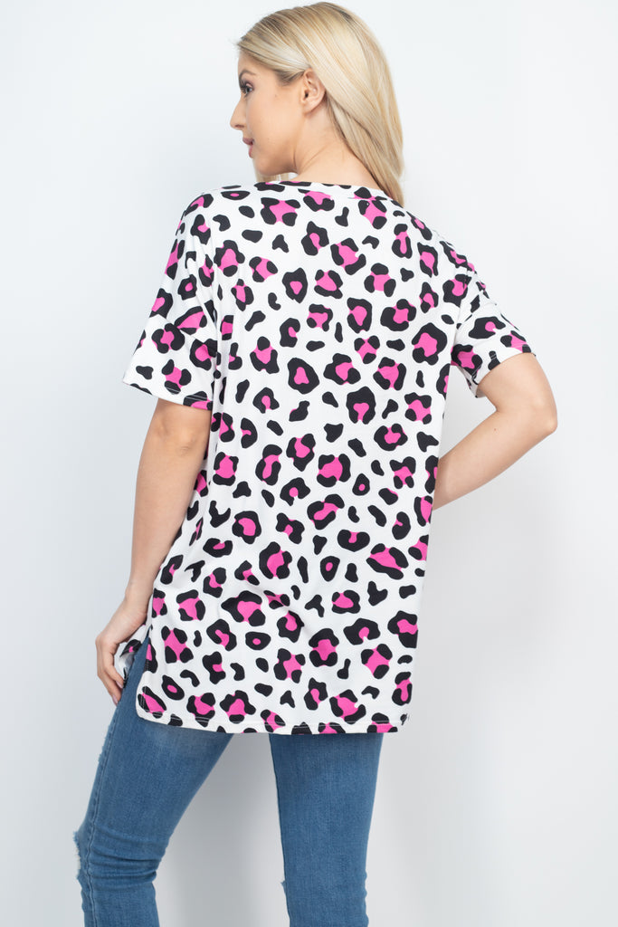 Round Neck Long Hem Leopard Top with Side Slit
