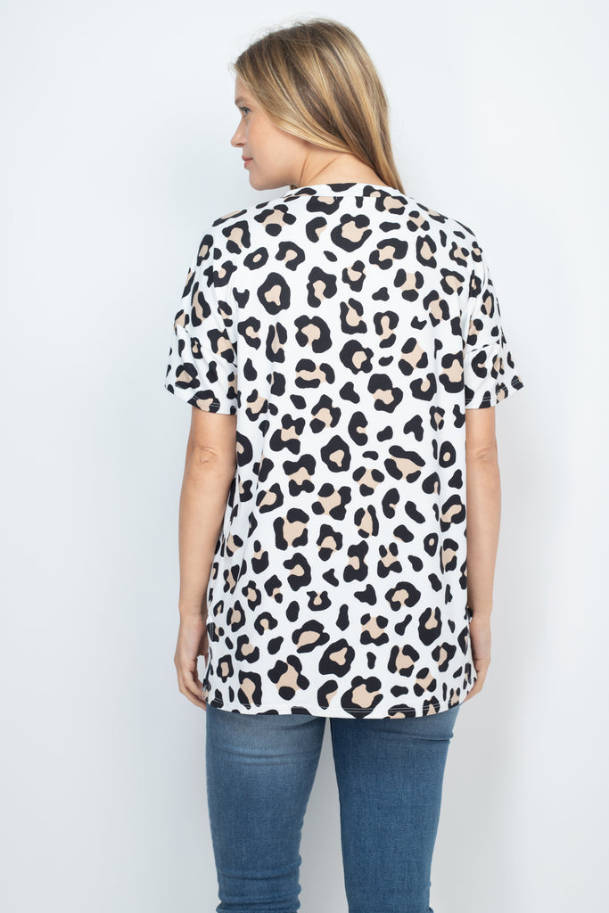 Round Neck Long Hem Leopard Top with Side Slit