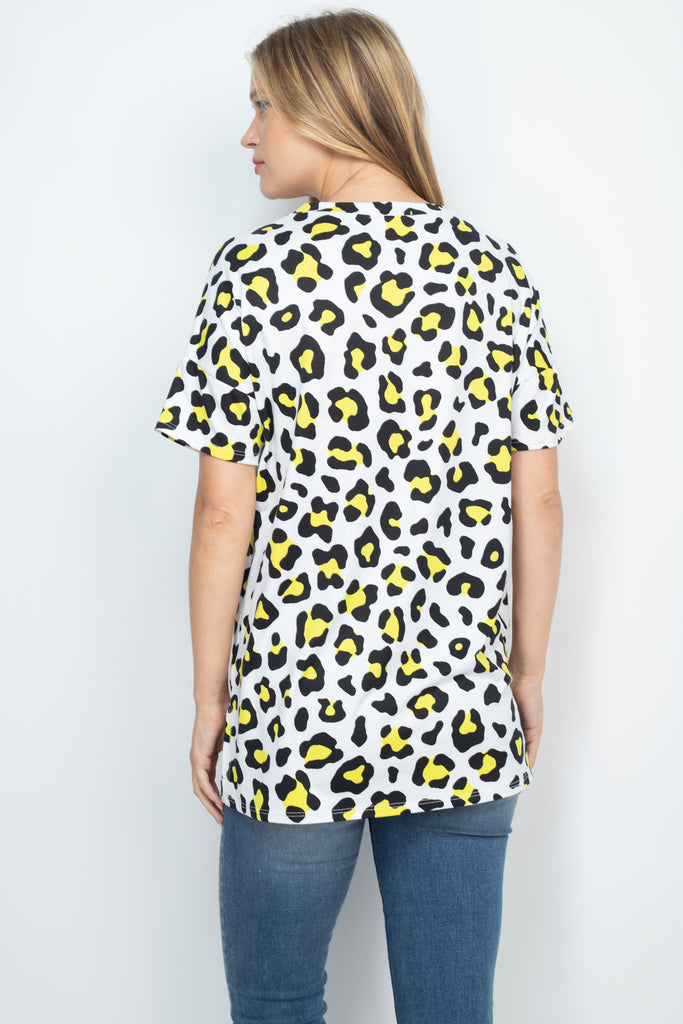 Round Neck Long Hem Leopard Top with Side Slit