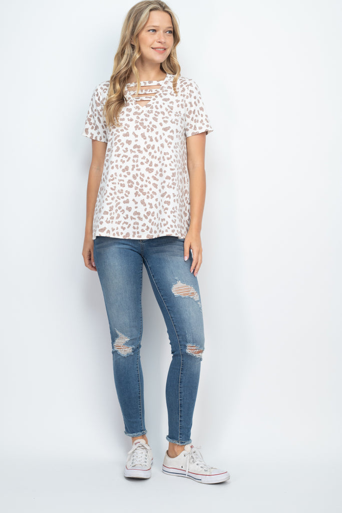 Triple Strap V-Neck Short Sleeve Leopard Top - Riah Fashion