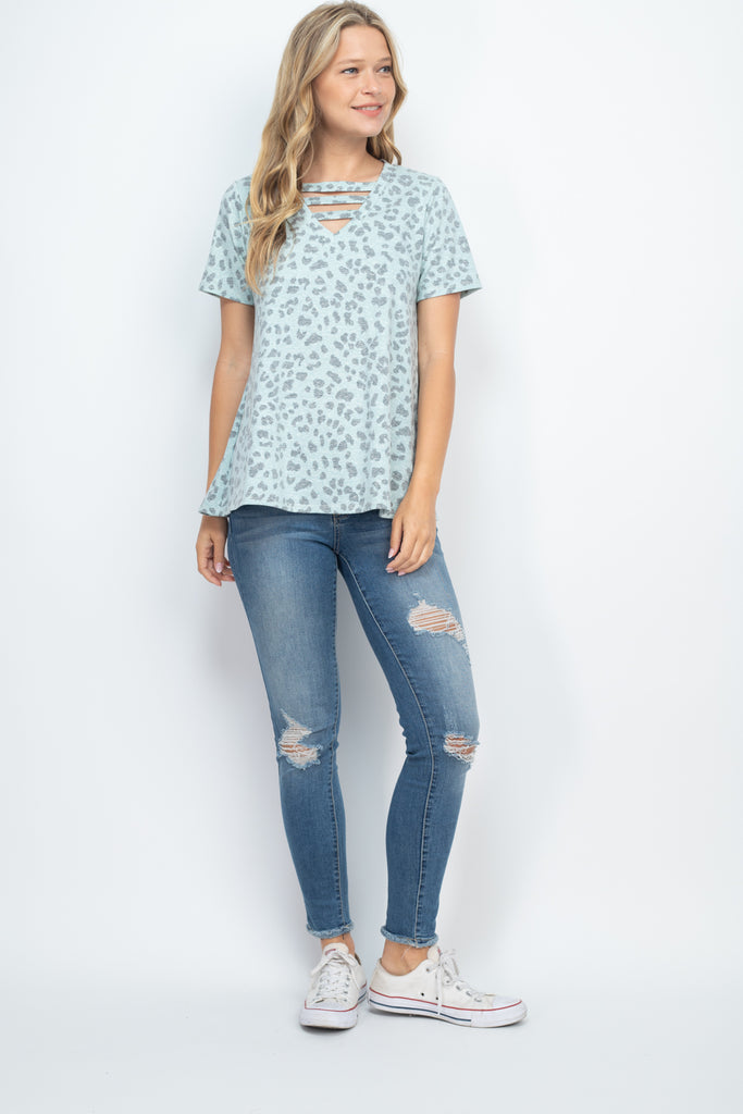 Triple Strap V-Neck Short Sleeve Leopard Top - Riah Fashion