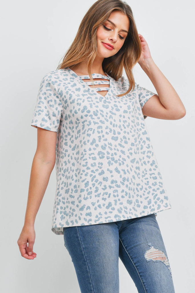 Triple Strap V-Neck Short Sleeve Leopard Top - Riah Fashion