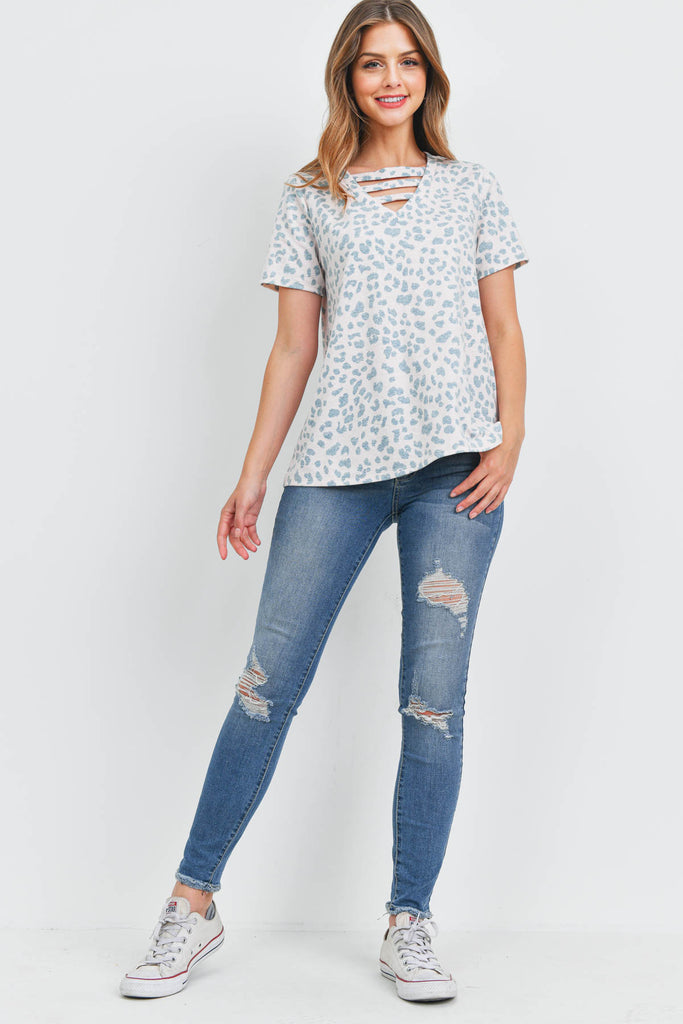 Triple Strap V-Neck Short Sleeve Leopard Top - Riah Fashion