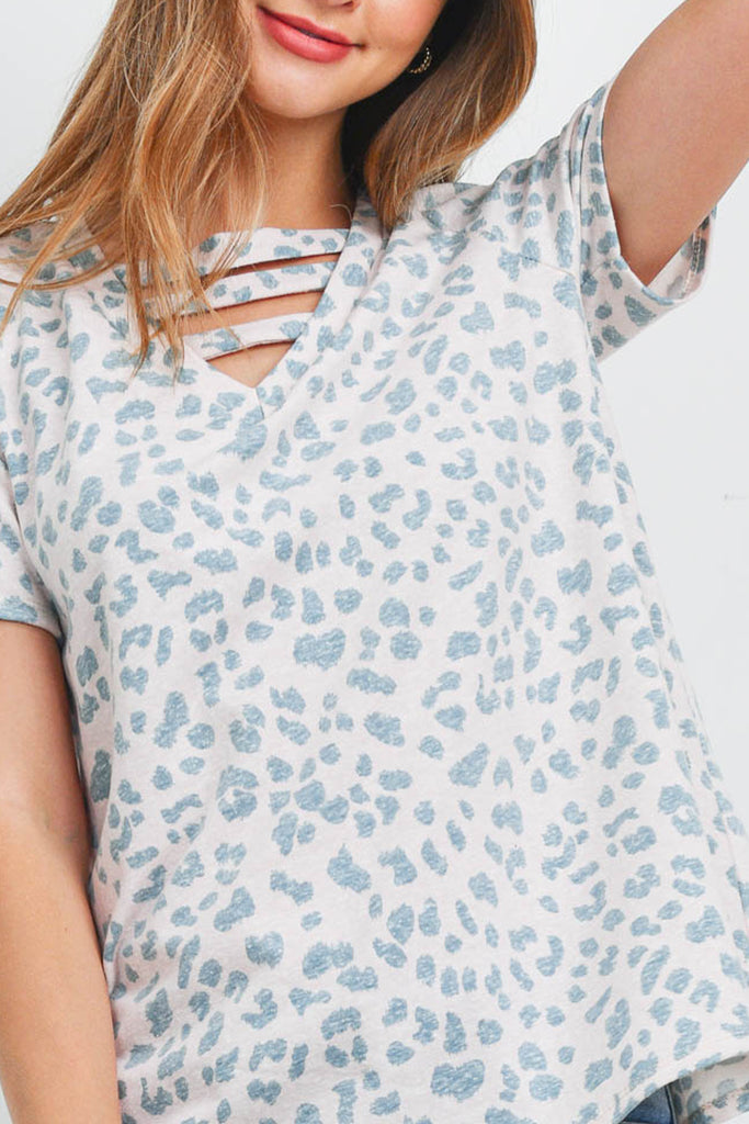 Triple Strap V-Neck Short Sleeve Leopard Top - Riah Fashion