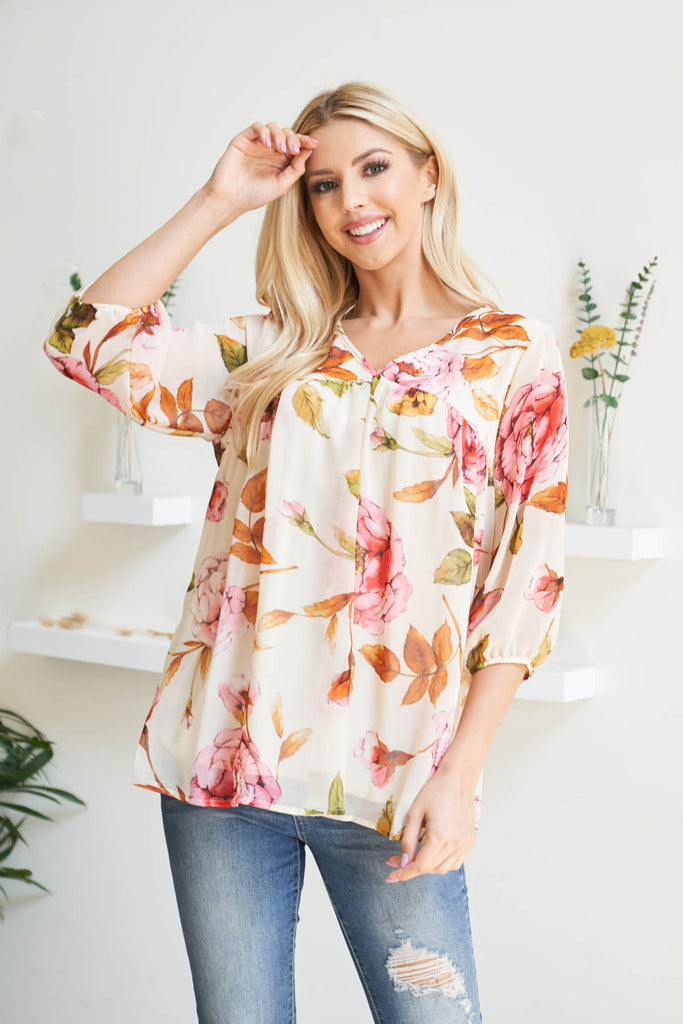 Quarter Puff Sleeves Bold Floral Top with Inside Lining
