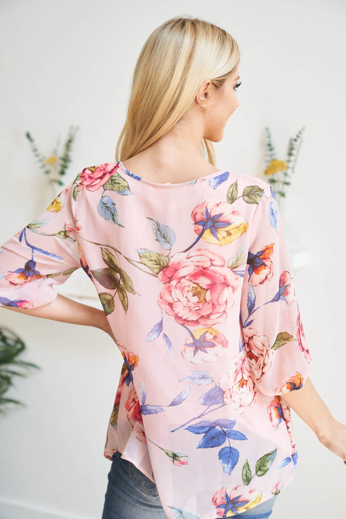 Quarter Puff Sleeves Bold Floral Top with Inside Lining