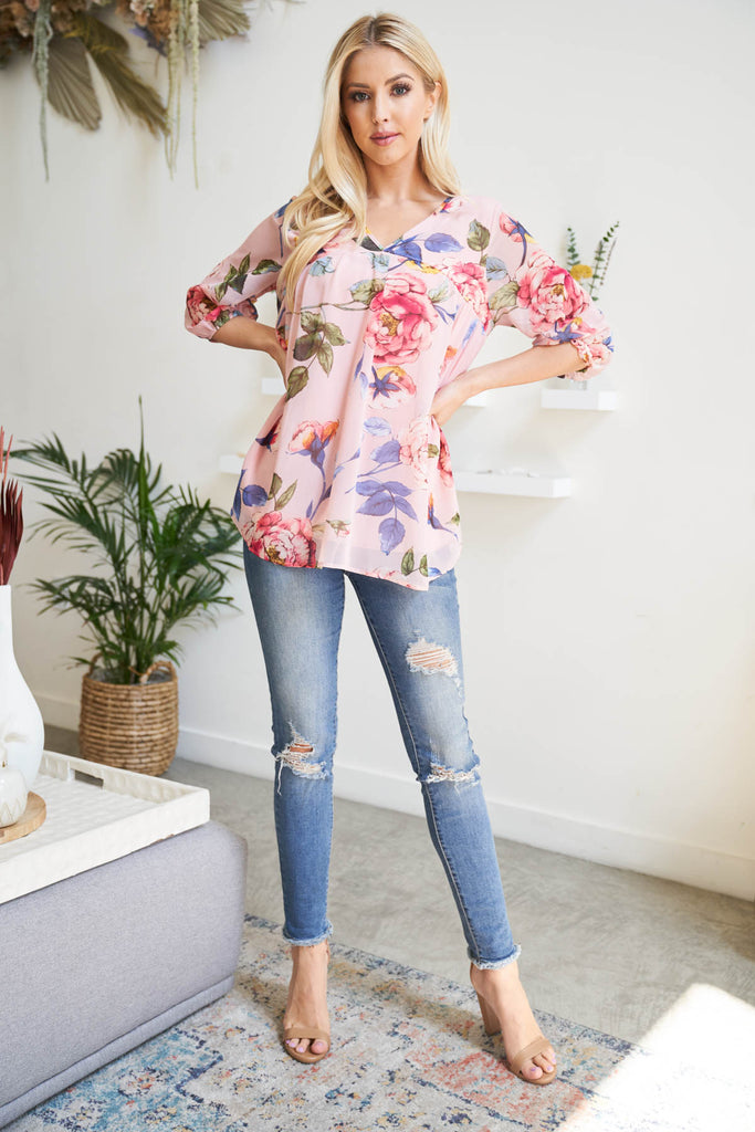 Quarter Puff Sleeves Bold Floral Top with Inside Lining