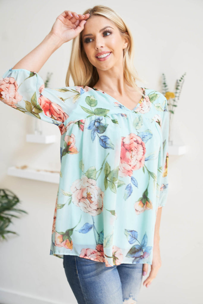Quarter Puff Sleeves Bold Floral Top with Inside Lining