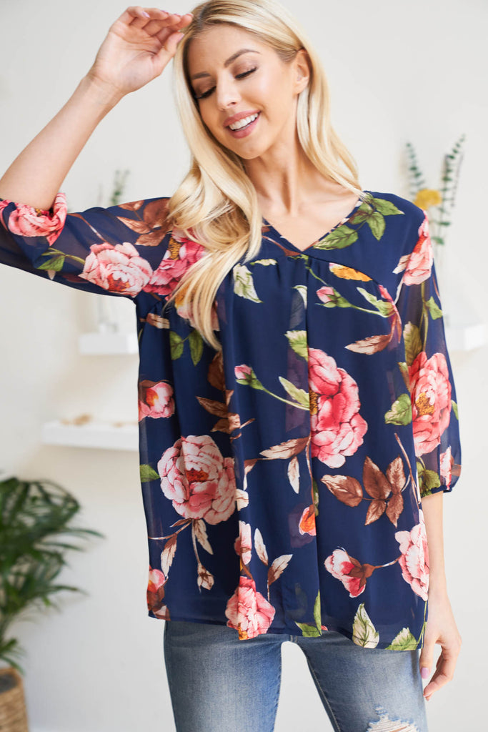 Quarter Puff Sleeves Bold Floral Top with Inside Lining