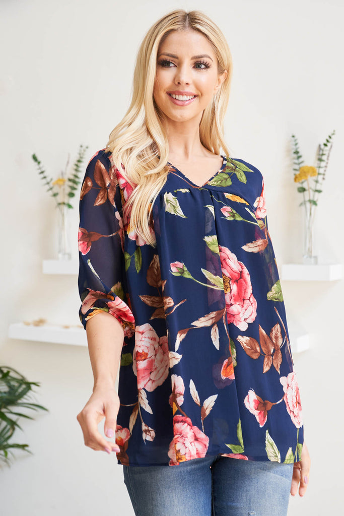 Quarter Puff Sleeves Bold Floral Top with Inside Lining