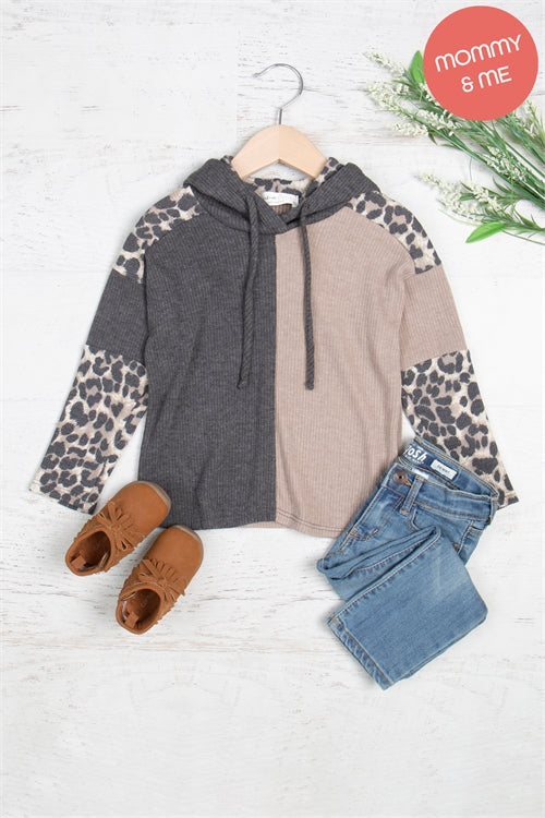 Kids Bella Rib Leopard Sleeve Self Tie Hoodie