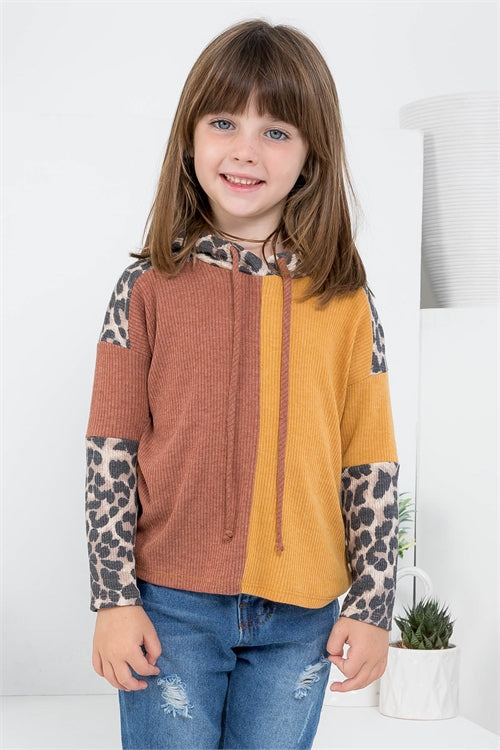 Kids Bella Rib Leopard Sleeve Self Tie Hoodie
