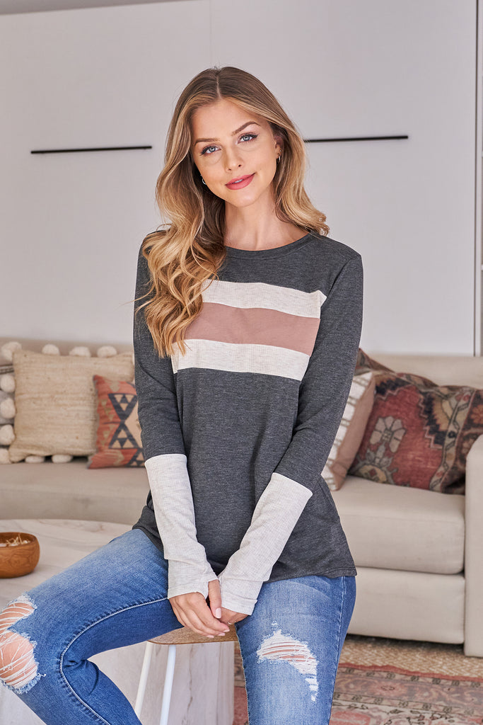 Thumbhole Long Sleeve Rib Contrast Top