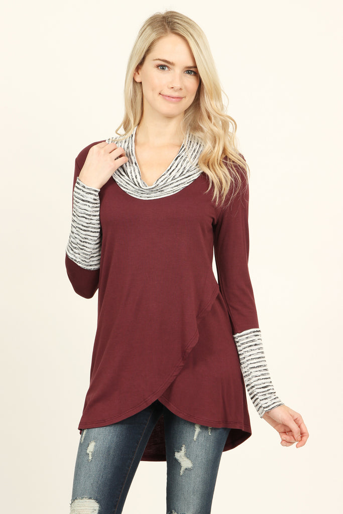 Striped Cowl Neck Overlap Tunic