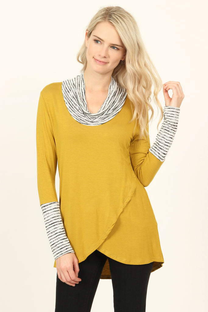 Striped Cowl Neck Overlap Tunic