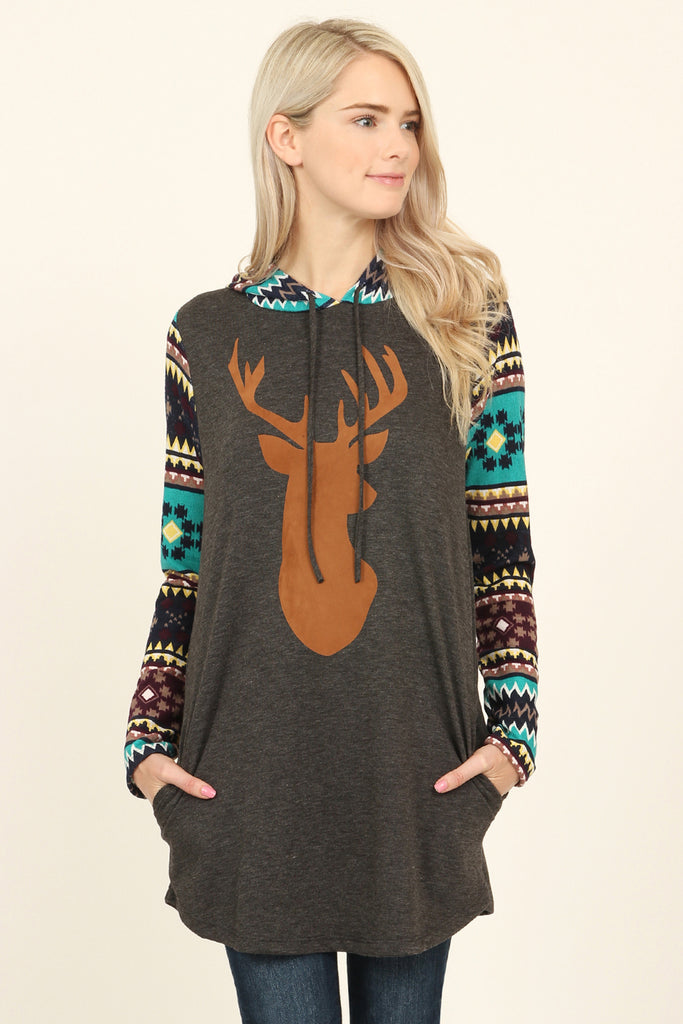 Suede Deer Patch Aztec Sleeve Pocket Hoodie
