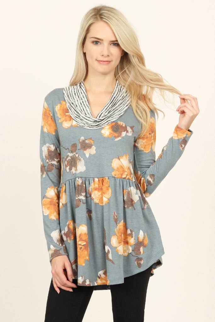 Striped Cowl Neck Floral Tunic