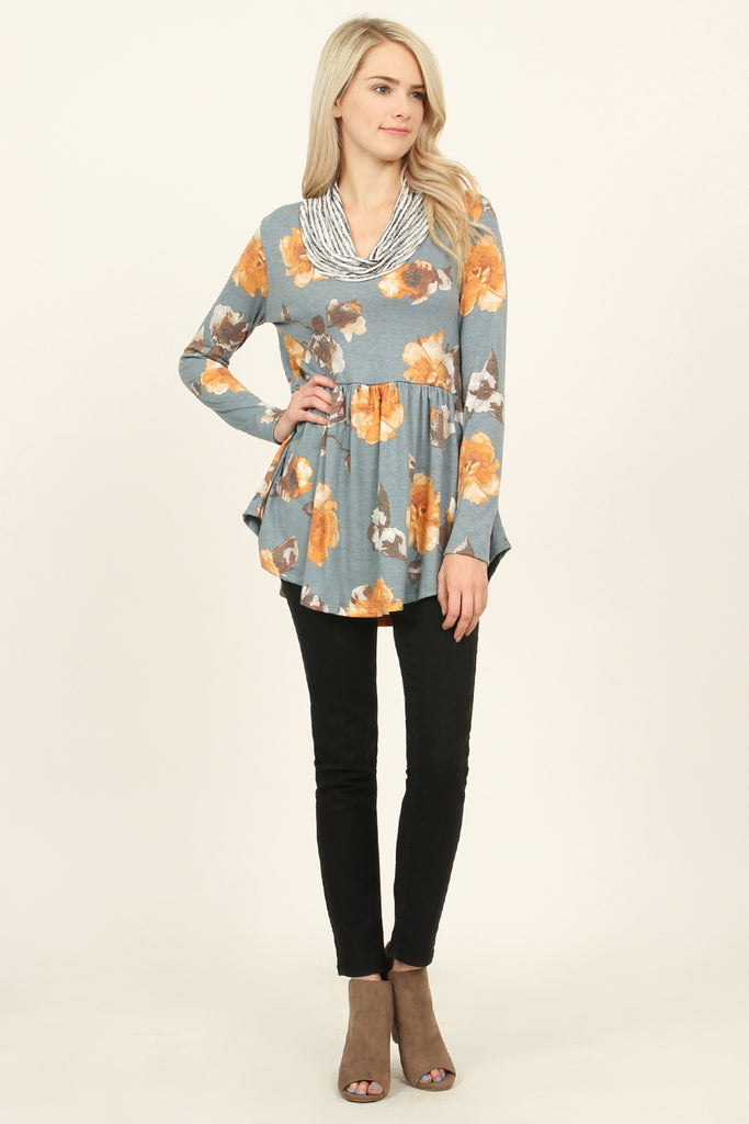 Striped Cowl Neck Floral Tunic