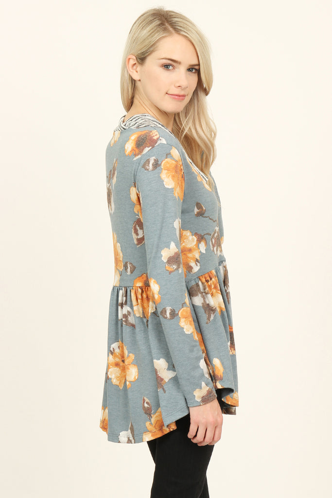 Striped Cowl Neck Floral Tunic