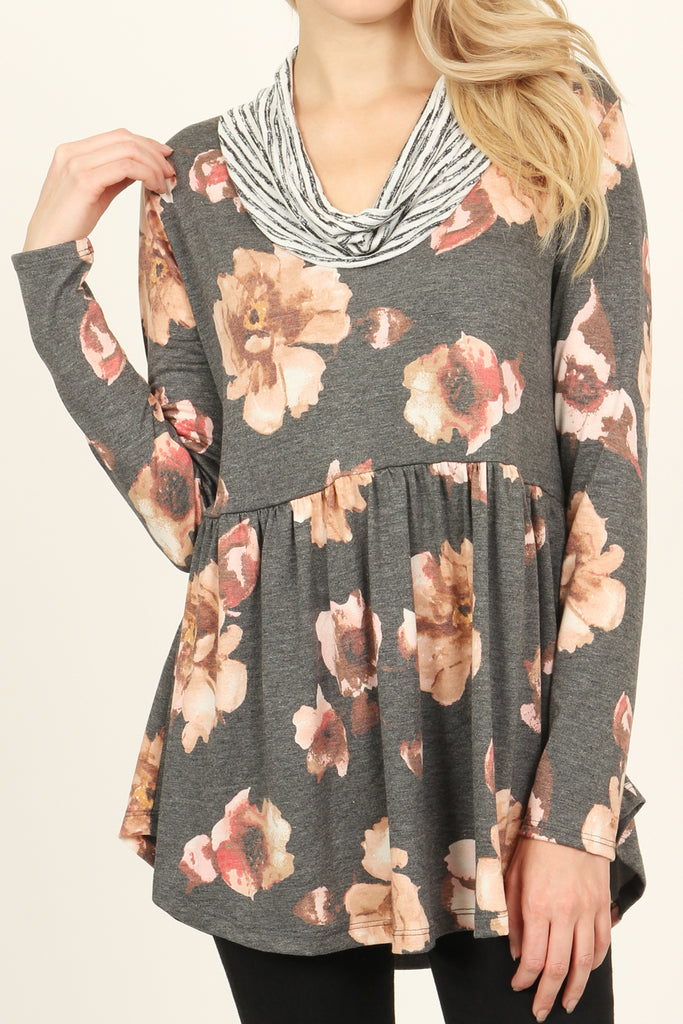 Striped Cowl Neck Floral Tunic