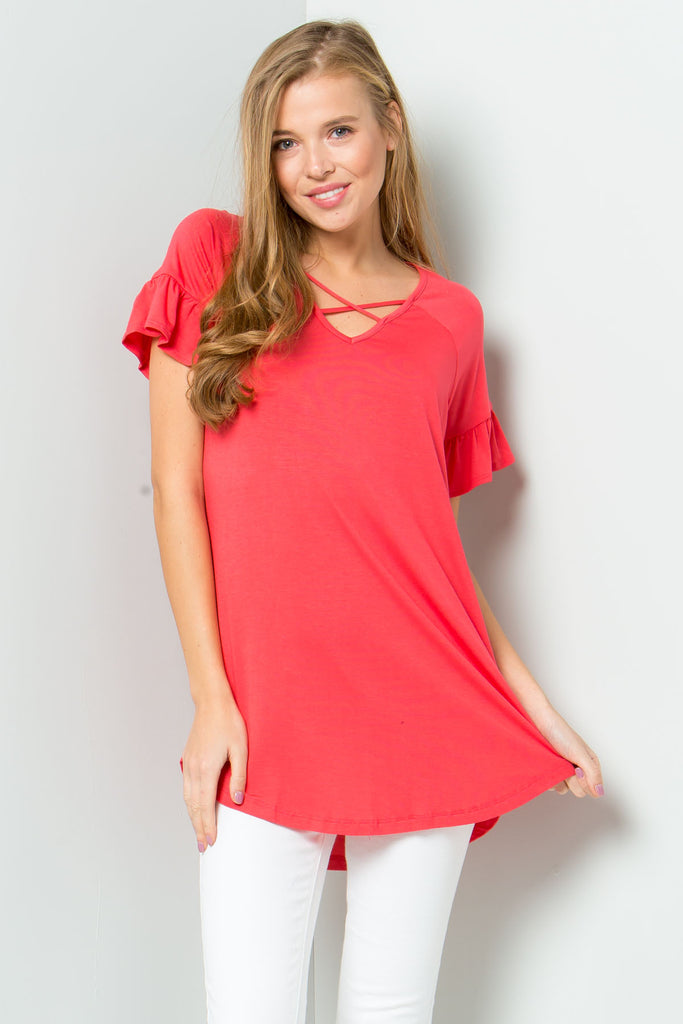 ruffle sleeve criss cross tunic