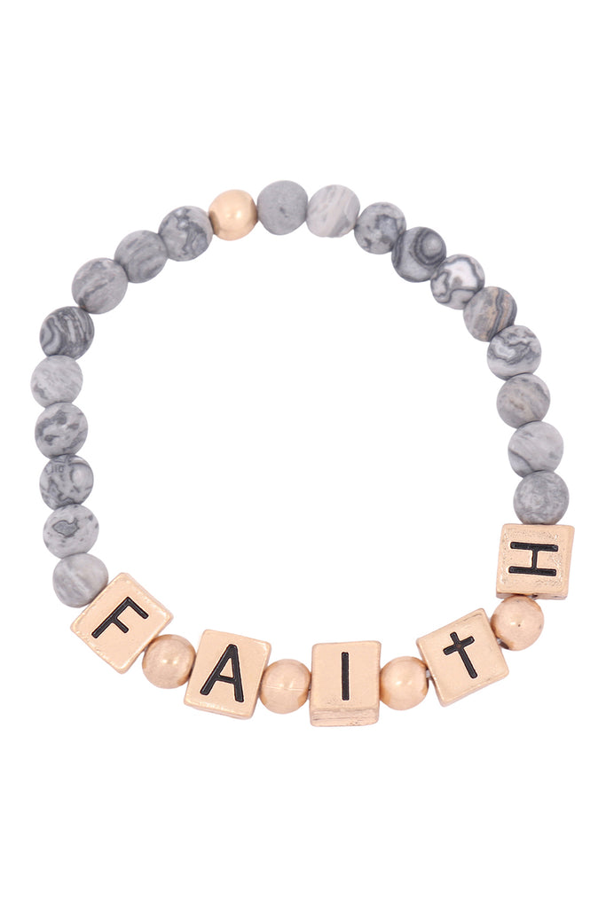 QB2147 - "FAITH" METAL BLOCK NATURAL STONE STRETCH BRACELET