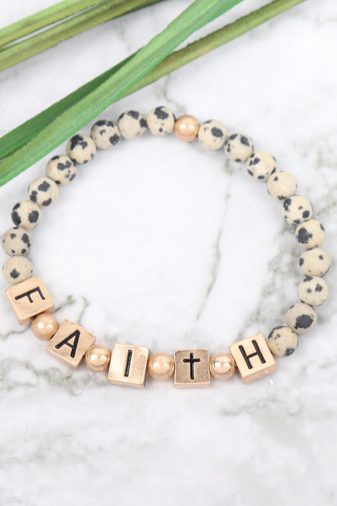 QB2147 - "FAITH" METAL BLOCK NATURAL STONE STRETCH BRACELET